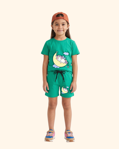 Unicorn Dream Spark Kids Co-Ord Set in Green Color by Creative Momaa
