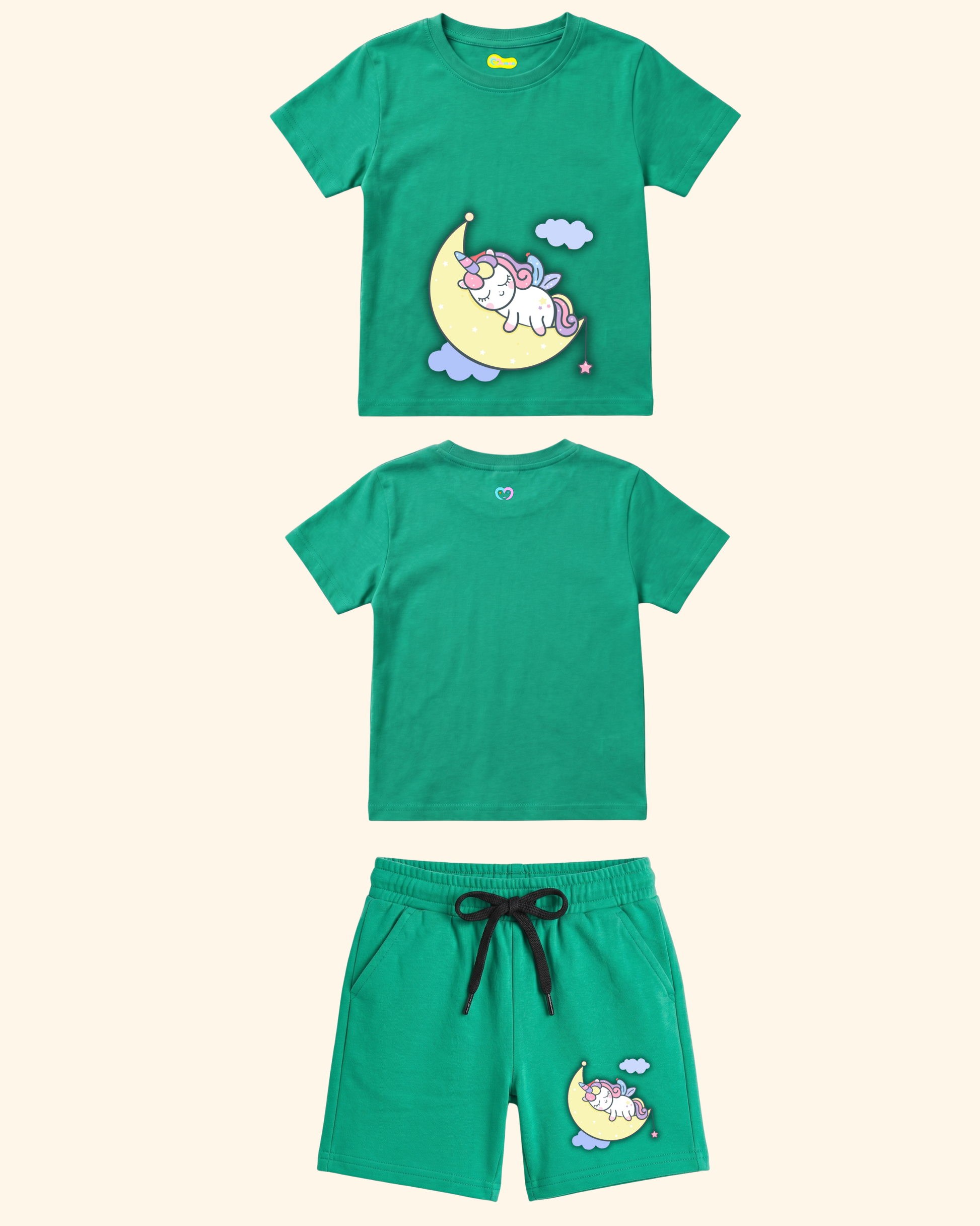 Unicorn Dream Spark Kids Co-Ord Set in Green Color by Creative Momaa