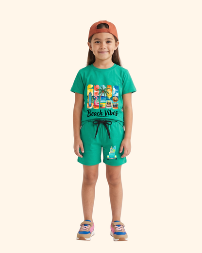 Vacation Vibes Kids Co-Ord Set in Green Color by Creative Momaa