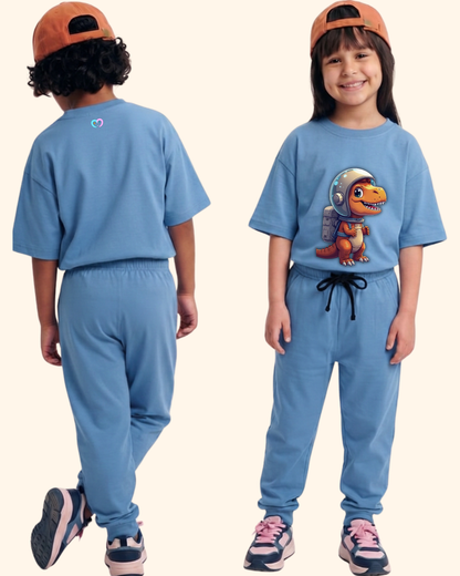 Cosmic Dino Crew Co-Ord Set in Blue Color by Creative Momaa