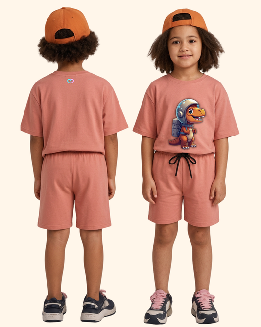 Cosmic Dino Crew Co-Ord Set in Peach Color by Creative Momaa