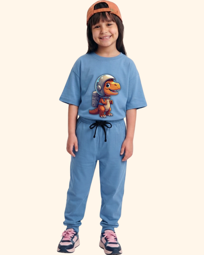 Cosmic Dino Crew Co-Ord Set in Blue Color by Creative Momaa