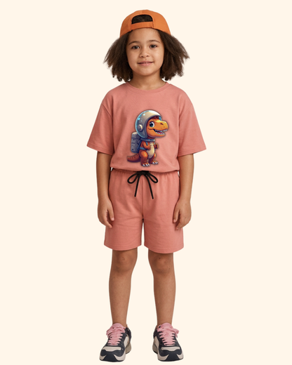 Cosmic Dino Crew Co-Ord Set in Peach Color by Creative Momaa
