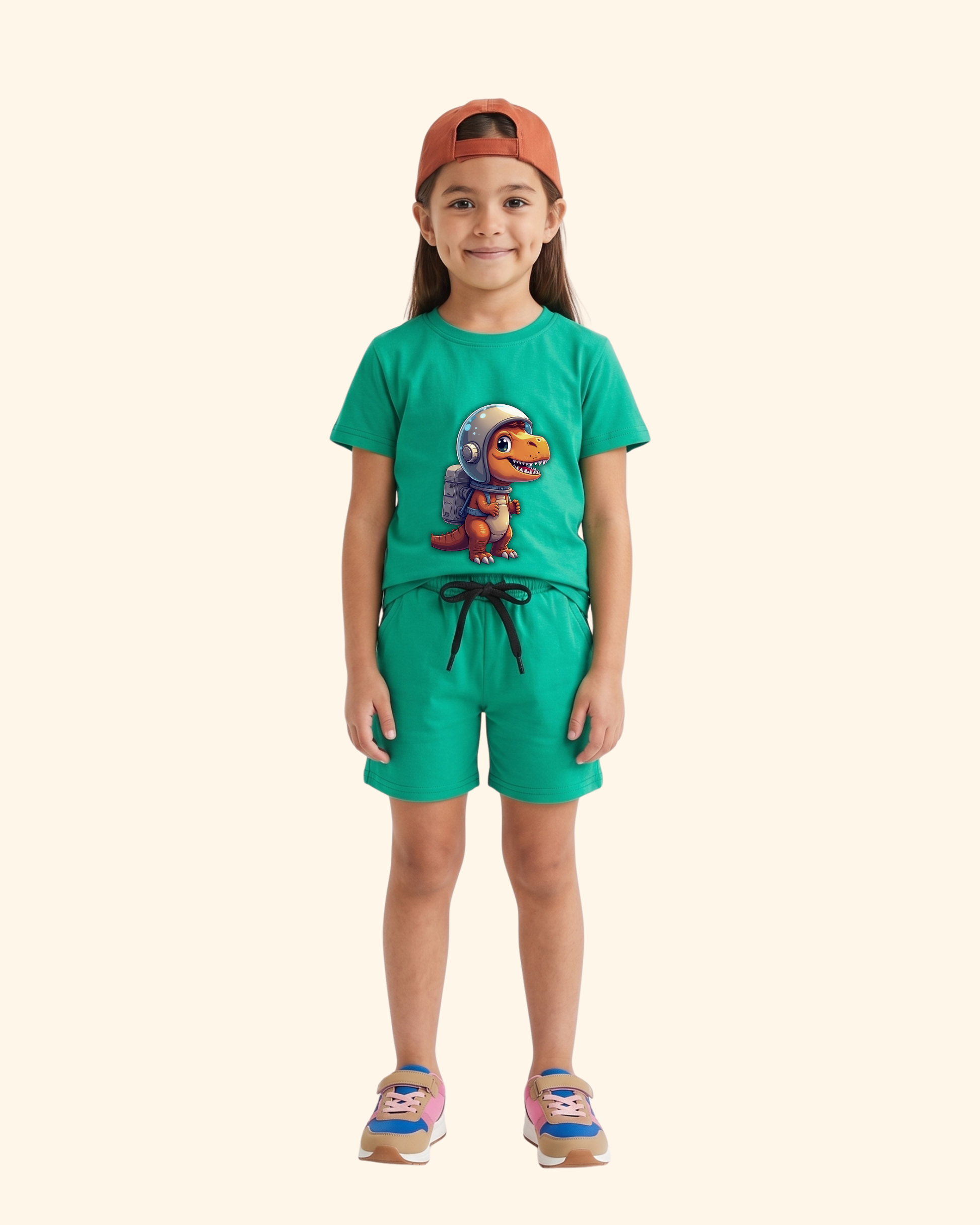 Cosmic Dino Crew Co-Ord Set in Green Color by Creative Momaa