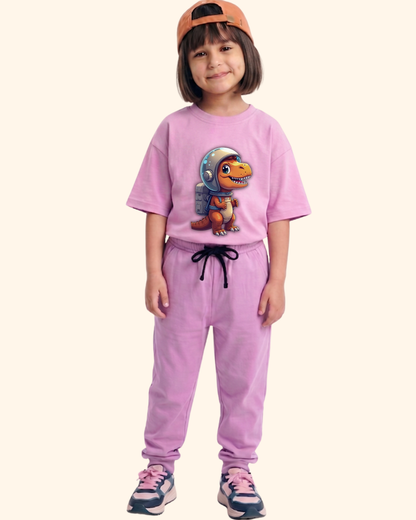 Cosmic Dino Crew Co-Ord Set in Lavender Color by Creative Momaa