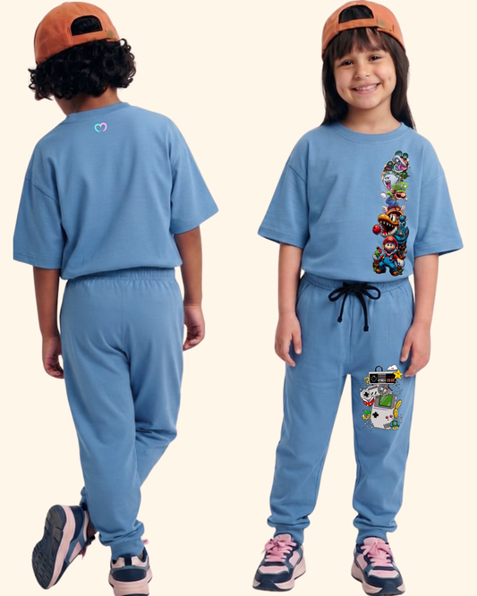 Pixel Power Play Kids Co-Ord Set in Blue Color by Creative Momaa