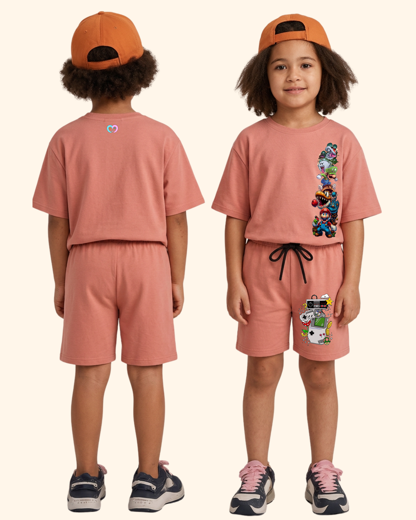Pixel Power Play Kids Co-Ord Set in Peach Color by Creative Momaa