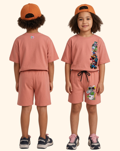 Pixel Power Play Kids Co-Ord Set in Peach Color by Creative Momaa
