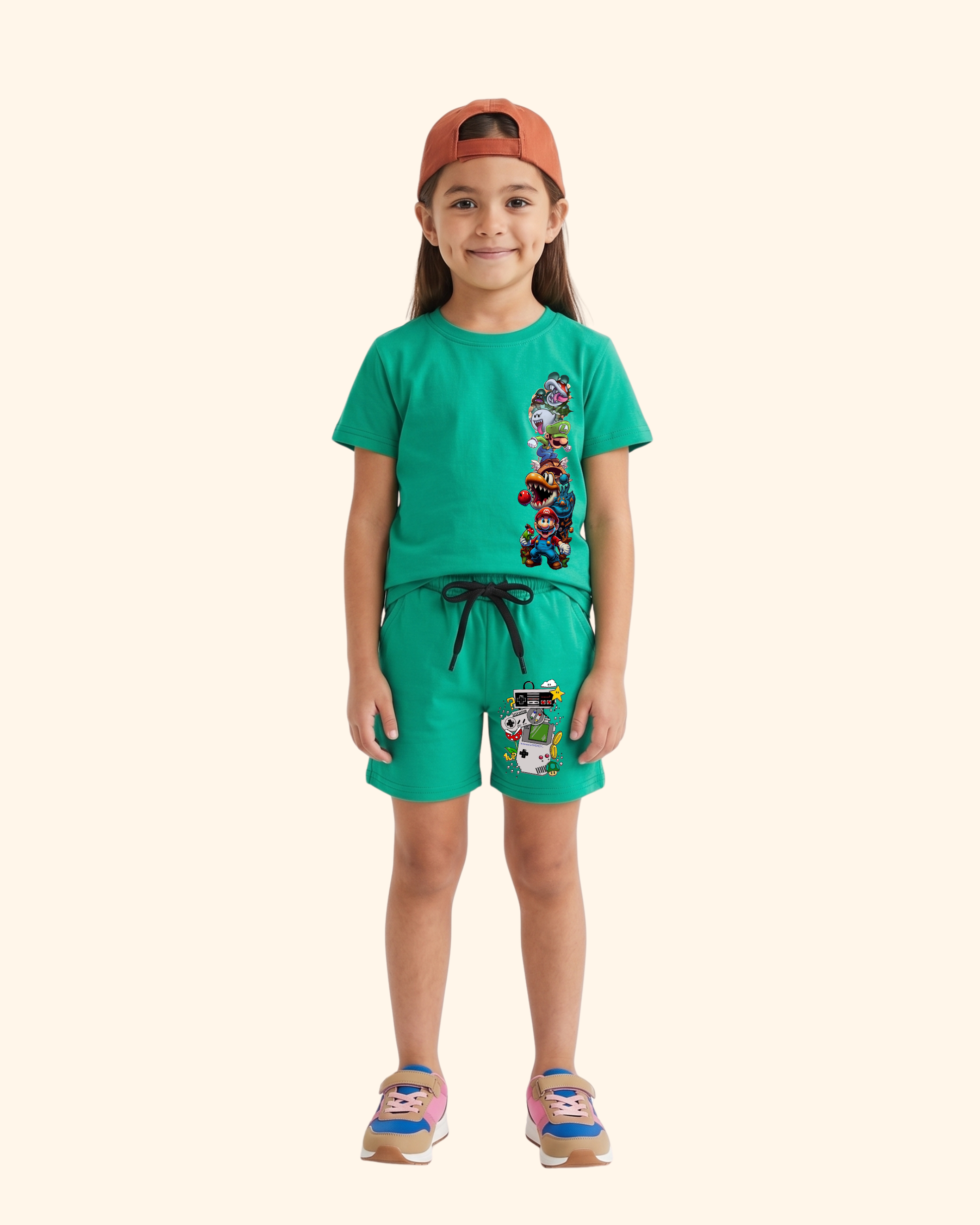Pixel Power Play Kids Co-Ord Set in Green Color by Creative Momaa