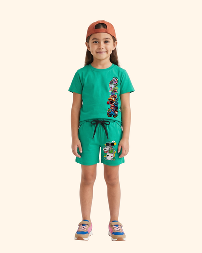 Pixel Power Play Kids Co-Ord Set in Green Color by Creative Momaa