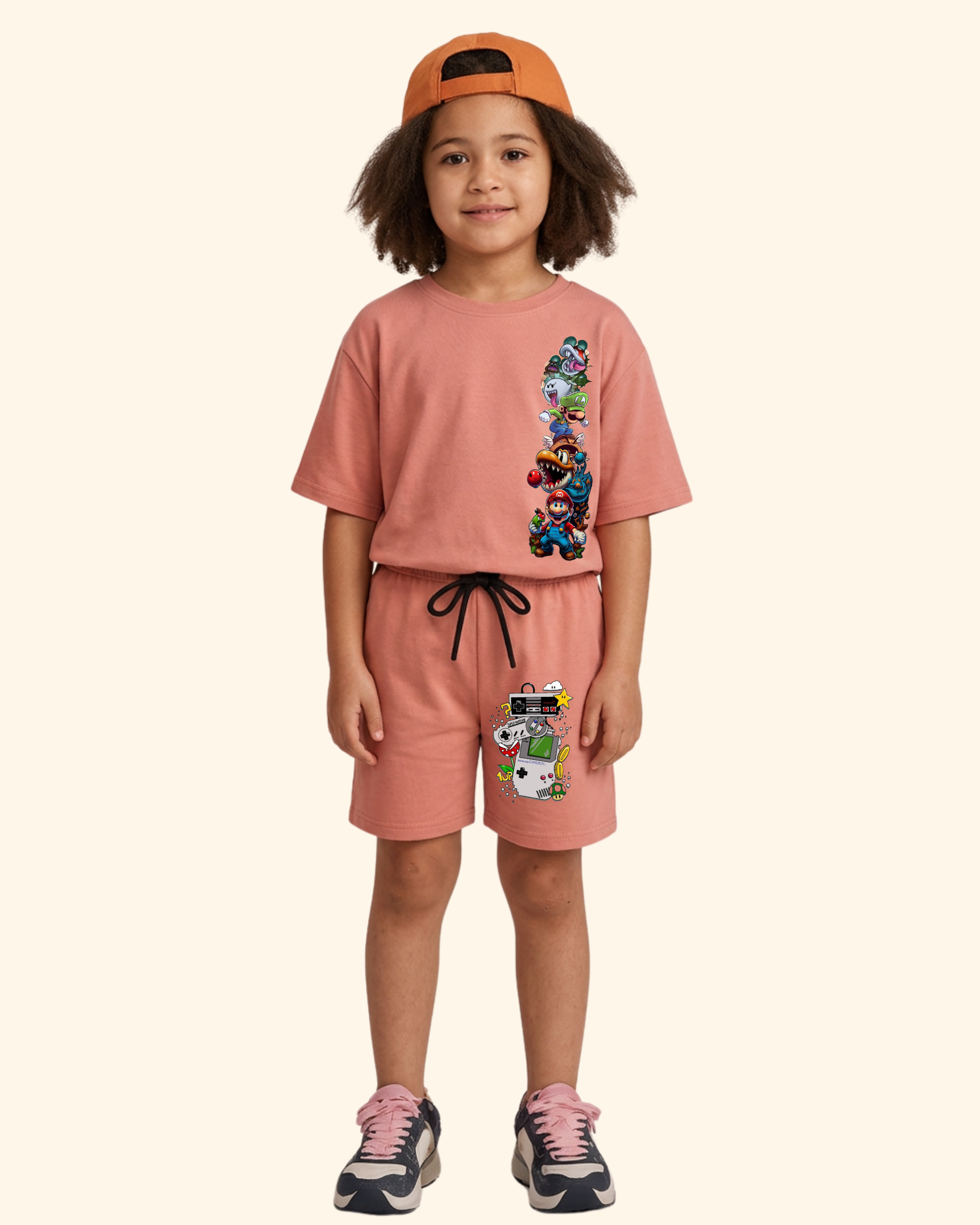 Pixel Power Play Kids Co-Ord Set in Peach Color by Creative Momaa