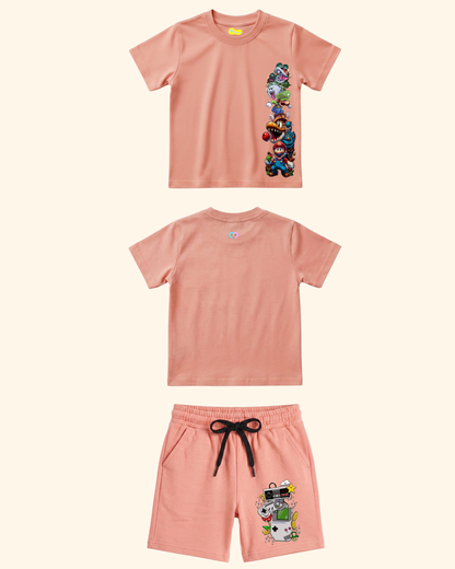 Pixel Power Play Kids Co-Ord Set in Peach Color by Creative Momaa
