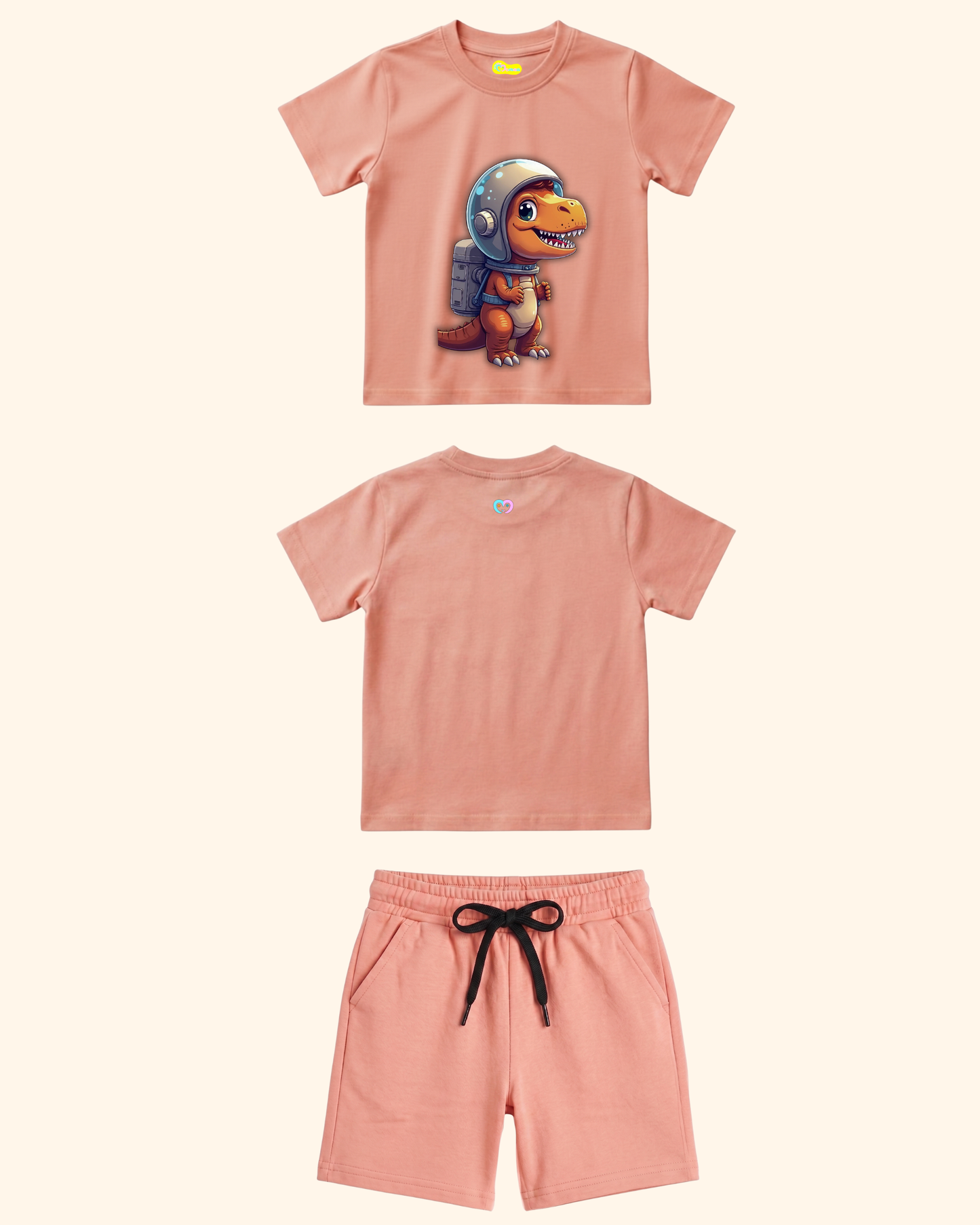 Cosmic Dino Crew Co-Ord Set in Peach Color by Creative Momaa