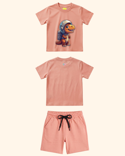 Cosmic Dino Crew Co-Ord Set in Peach Color by Creative Momaa