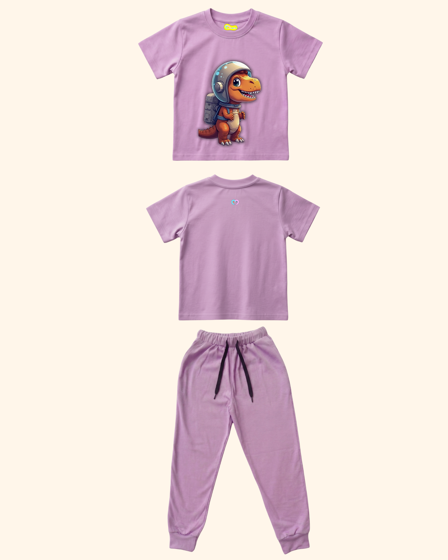 Cosmic Dino Crew Co-Ord Set in Lavender Color by Creative Momaa