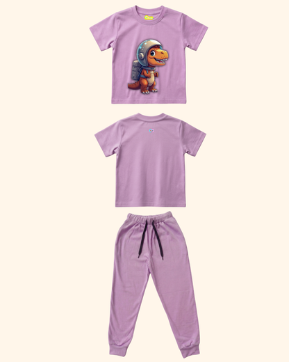 Cosmic Dino Crew Co-Ord Set in Lavender Color by Creative Momaa
