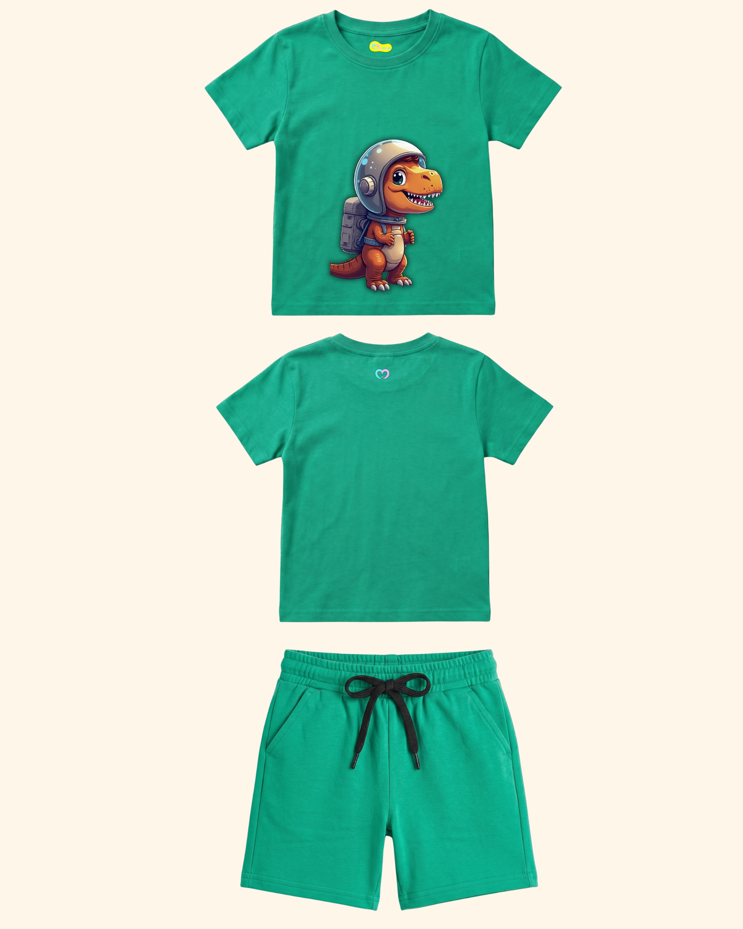 Cosmic Dino Crew Co-Ord Set in Green Color by Creative Momaa