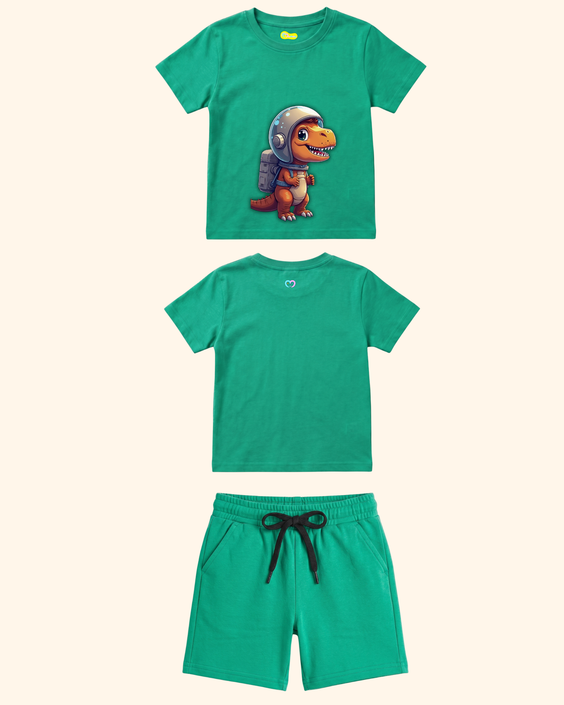 Cosmic Dino Crew Co-Ord Set in Green Color by Creative Momaa