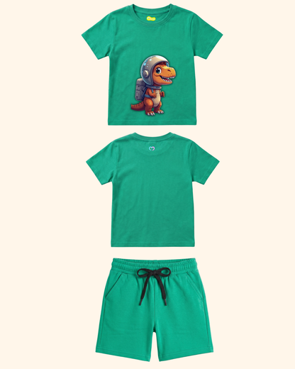 Cosmic Dino Crew Co-Ord Set in Green Color by Creative Momaa