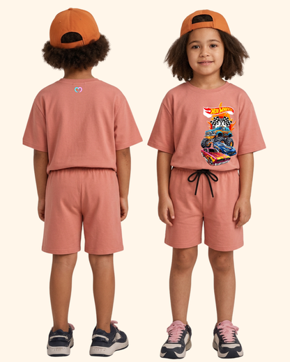 Race Track Rebels Kids Co-Ord Set in Peach Color by Creative Momaa