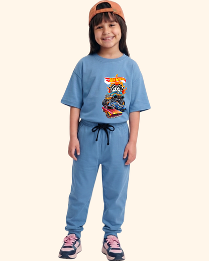 Race Track Rebels Kids Co-Ord Set in Blue Color by Creative Momaa