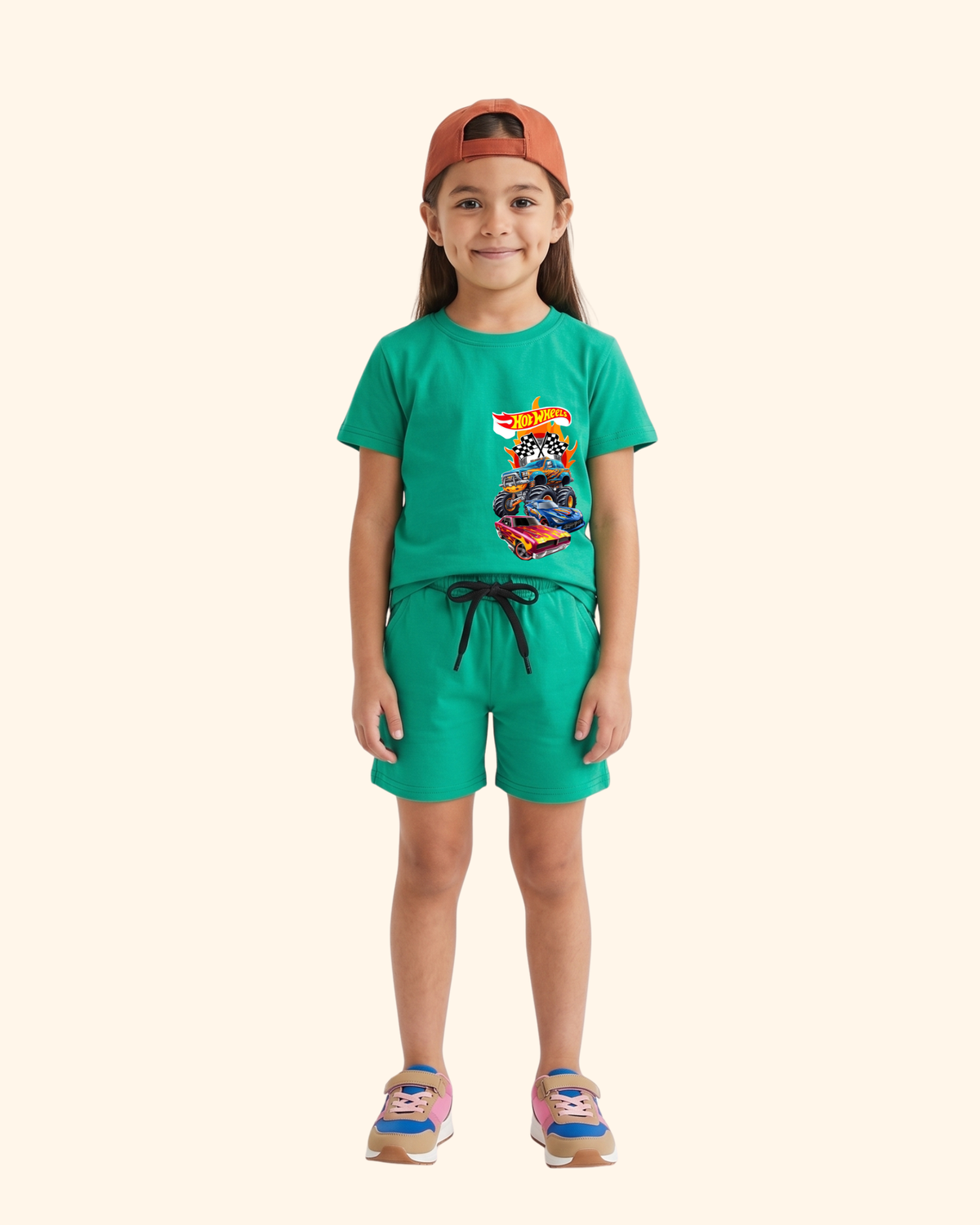 Race Track Rebels Kids Co-Ord Set in Green Color by Creative Momaa