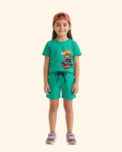 Race Track Rebels Kids Co-Ord Set in Green Color by Creative Momaa