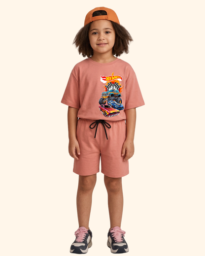 Race Track Rebels Kids Co-Ord Set in Peach Color by Creative Momaa